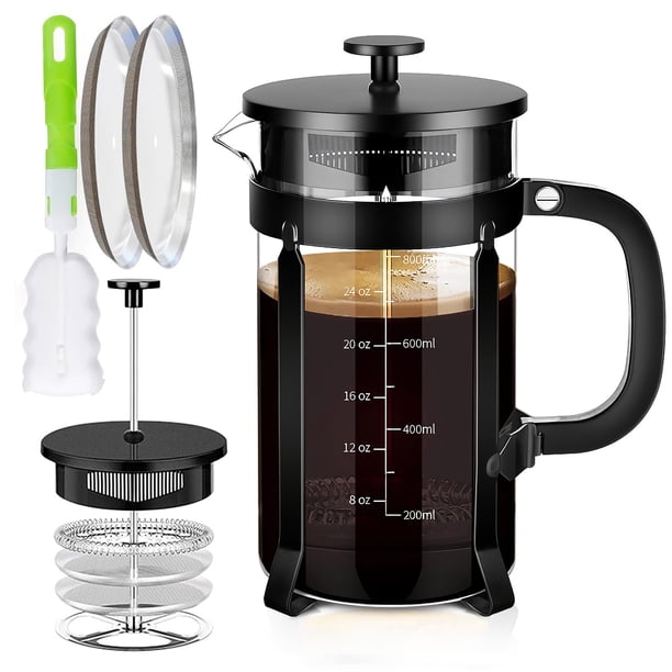 YMMIND Cafetera de prensa francesa Prensa de café de acero inoxidable 304 de 34 oz, con sistema de 4 filtros, vidrio de prensa francesa de borosilicato de espesor resistente al calor, émbolo de café d