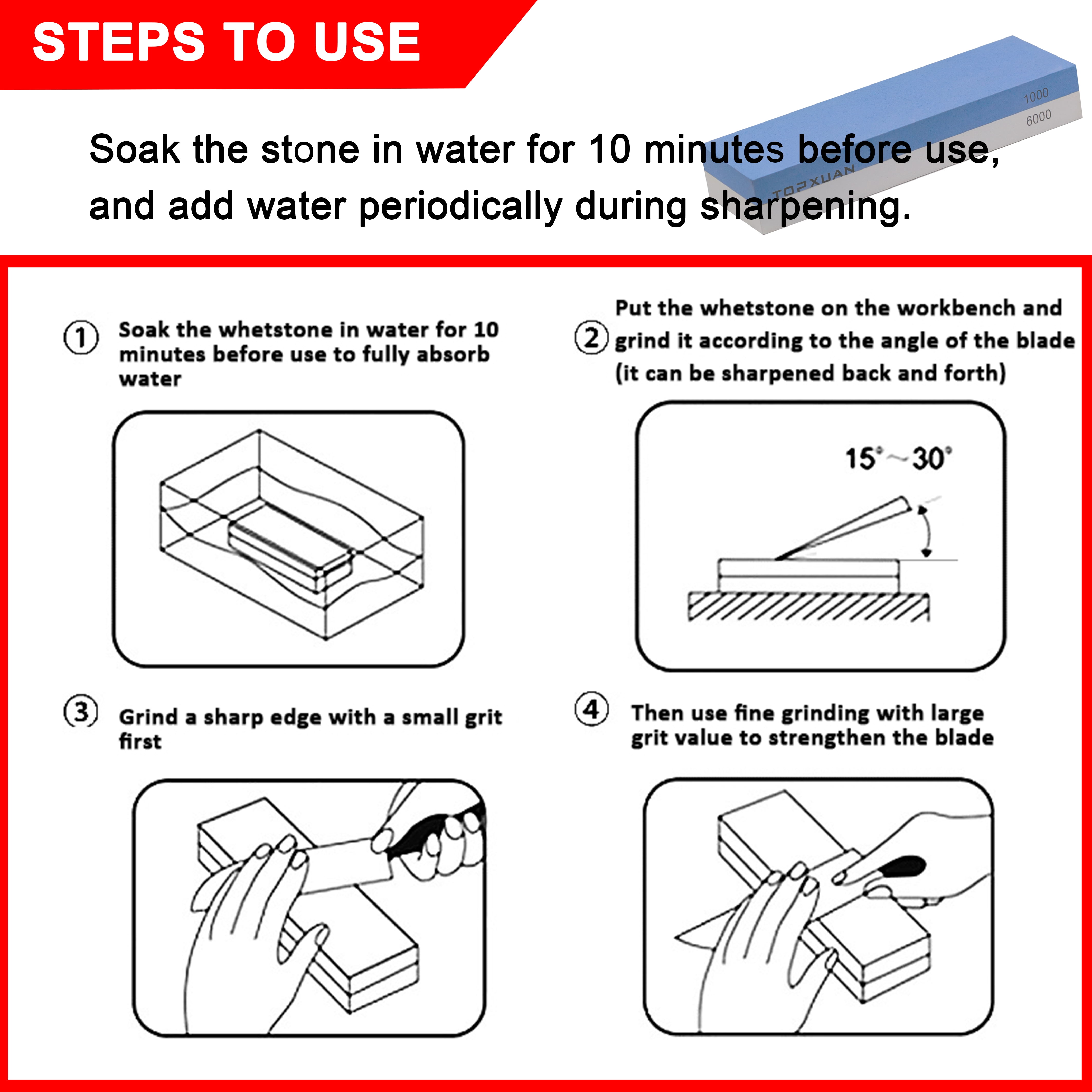TOPXUAN Knife Sharpening Stone 1000/6000 Grit 2 Sided Sharpener Whetstone,Professional Wetstone for Kitchen Knives Sharpener with Non-Slip Rubber,Orange Color Box Package