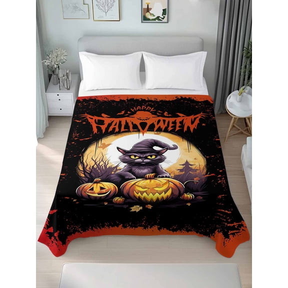 Twin Flat Sheet Only Halloween Black Cat Pumpkin Soft Microfiber Cooling Bedding Sheets Tree Branch Moon on Black Flat Bed Sheet for Hotel,Home Decor
