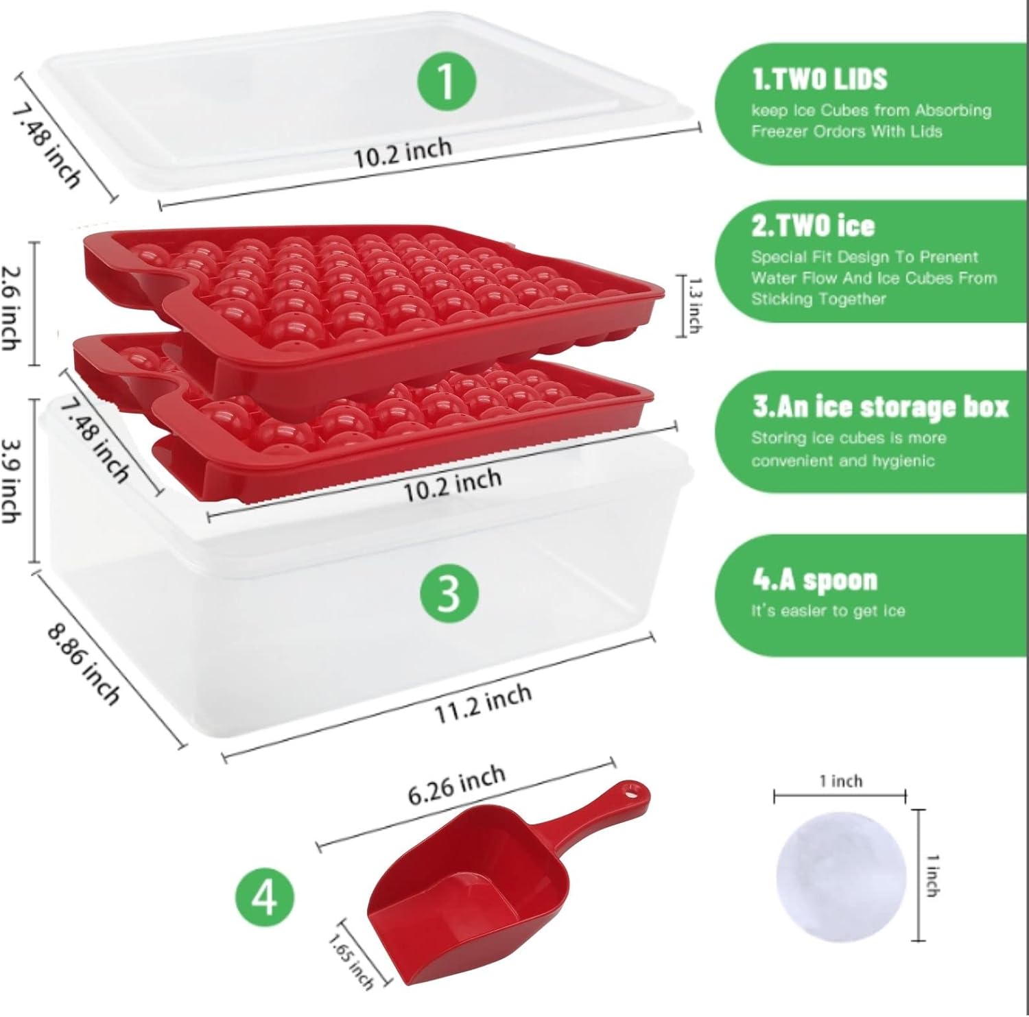Round Ice Cube Tray with Lid Storage Bin for Freezer, Ice Cube Tray Easy Release, 106 Round Ice Cube Mold BPA Free, Ice Cube Tray with Container Scoop Flexible and durableIce Trays 5 piecesset Red