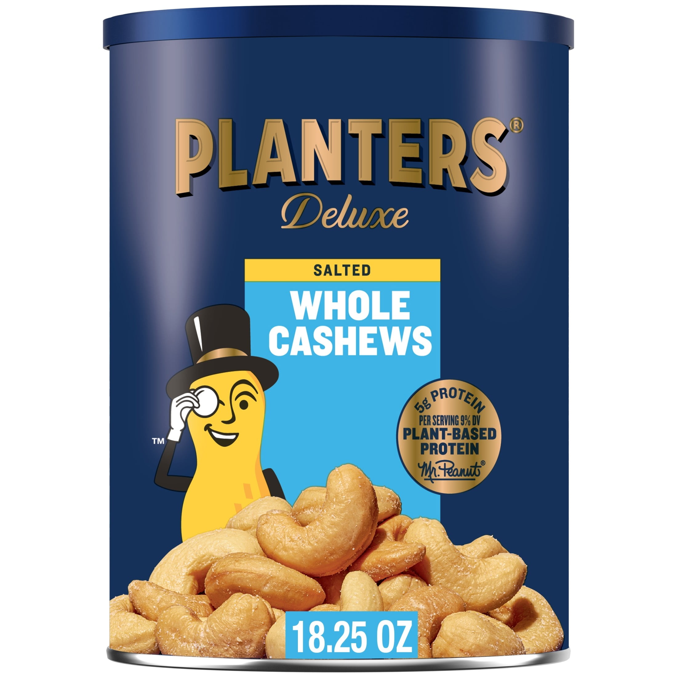 (6 pack) PLANTERS Deluxe Salted Whole Cashews, Party Snacks, Plant Based Protein, 18.25 oz Steel Can