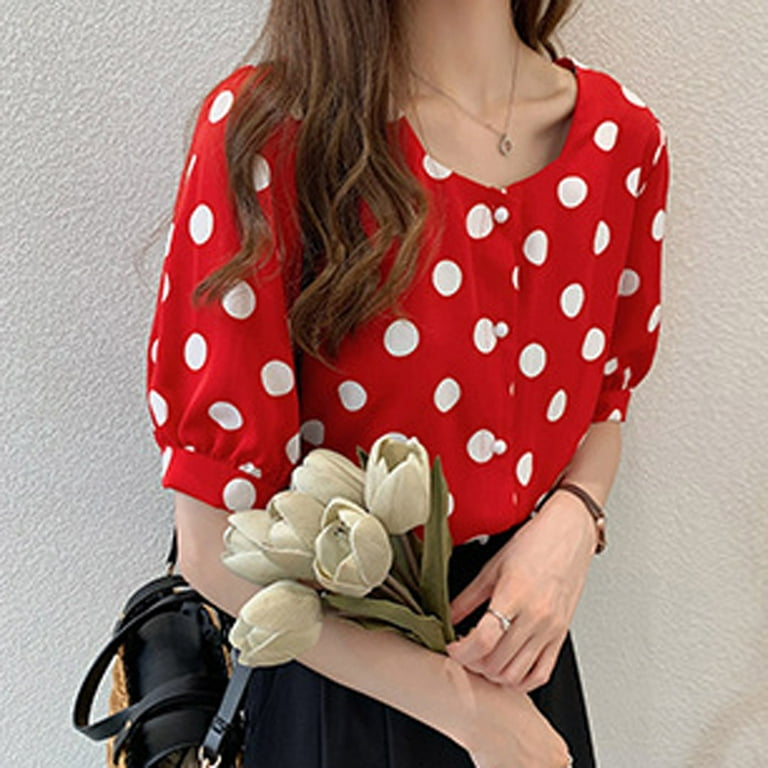 mnjin tops for women t shirt fashion women casual short sleeve polka dot  o-neck casual tops button shirts t-shirt black l 