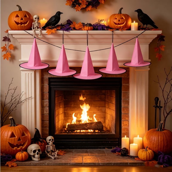 Halloween Pink Hanging Witch Hats, Porch Yard Decor & Witch Costume Accessories for Indoor Outdoor Halloween Decorations, No String Attached, 14in