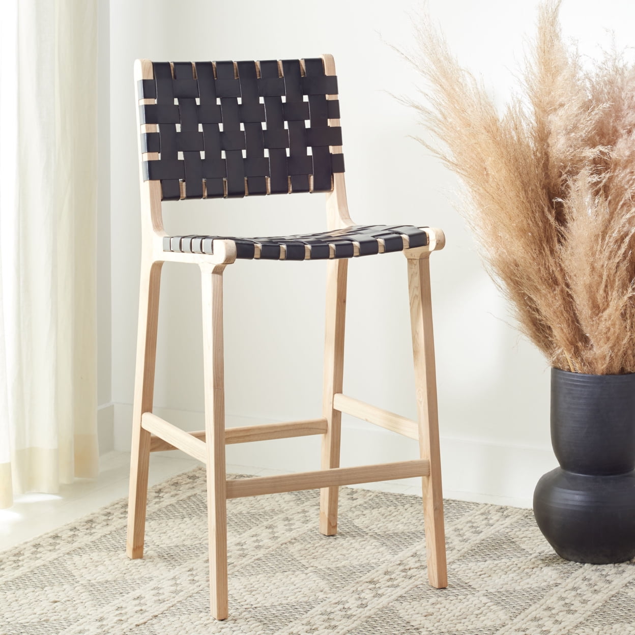 SAFAVIEH Paxton Upholstered Woven Leather Barstool with Footrest