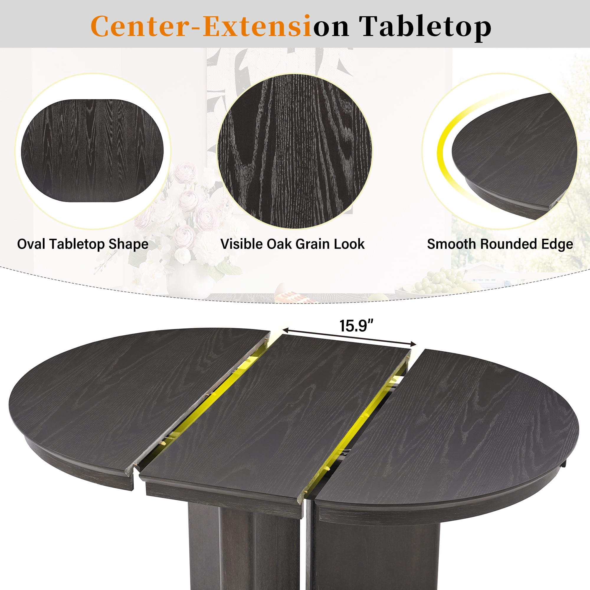 42-58 Inch Extendable Oval Dining Table with Pedestal Base, Modern Farmhouse Kitchen Table and Dining Room Centerpiece, Espresso