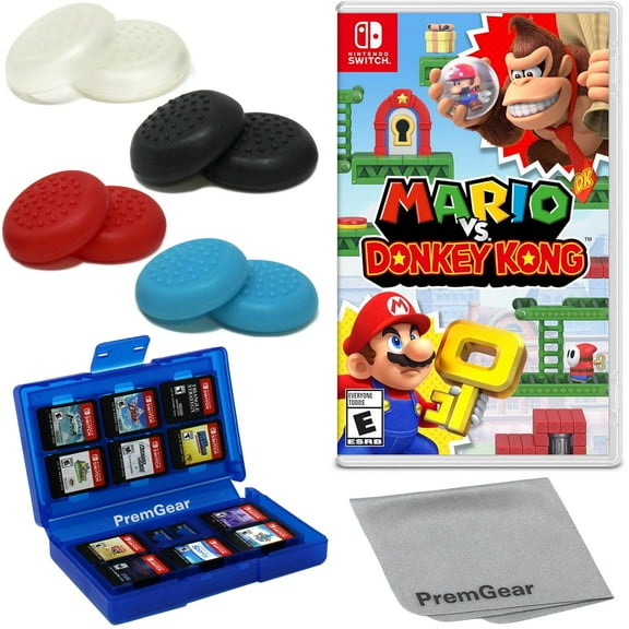 Mario Vs. Donkey Kong for Nintendo Switch (US Version), with PremGear Thumb Grips (8 pack - 2 Black, 2 Blue, 2 Red & 2 Clear), 24 Slot Game Card Holder & Cleaning Cloth