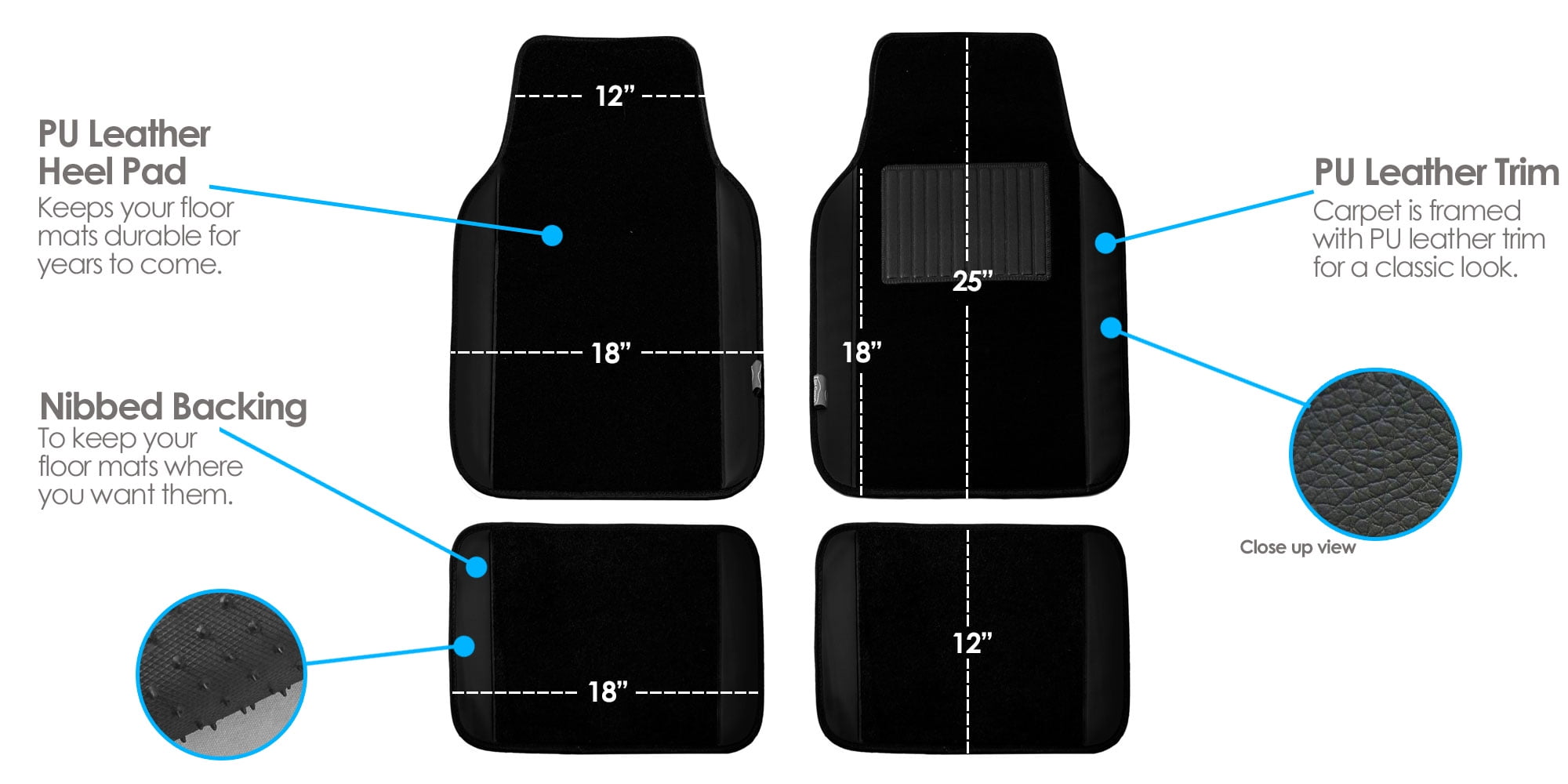FH Group F14501BLACK Universal Fit Carpet Floor Mats Full Set with Faux Leather for Cars, Coupes, Small SUVs