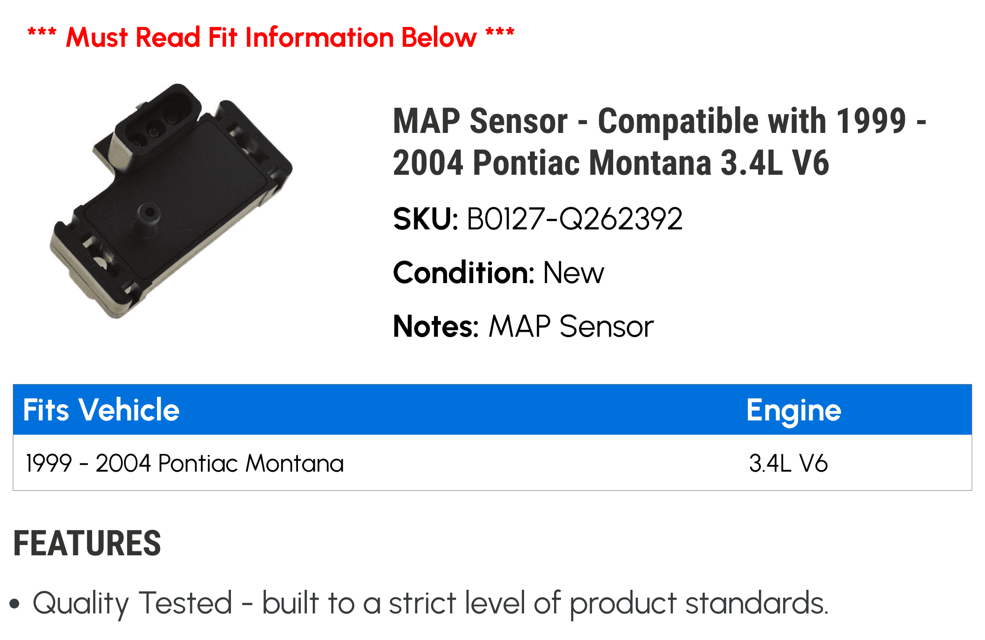 MAP Sensor - Compatible with 1999 - 2004 Pontiac Montana 3.4L V6 2000 2001 2002 2003