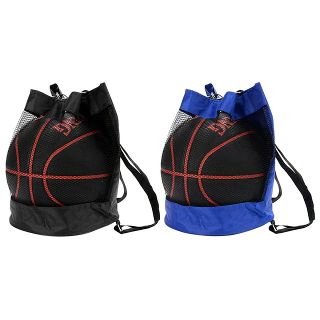 KAKOWELY Bolsa de malla para balones deportivos, 2 unidades, con correa para el hombro, para fútbol, baloncesto, gruesa, con cordón, impermeable, mochila de almacenamiento (azul y negro)