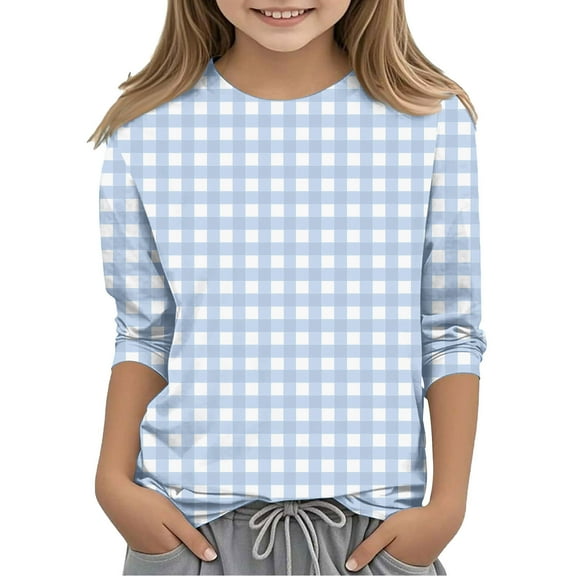 Ugoldhm Shirts for Girls Crewneck Plaid Summer Tunic Tops Casual Fall Kids 3/4 Sleeve Tees