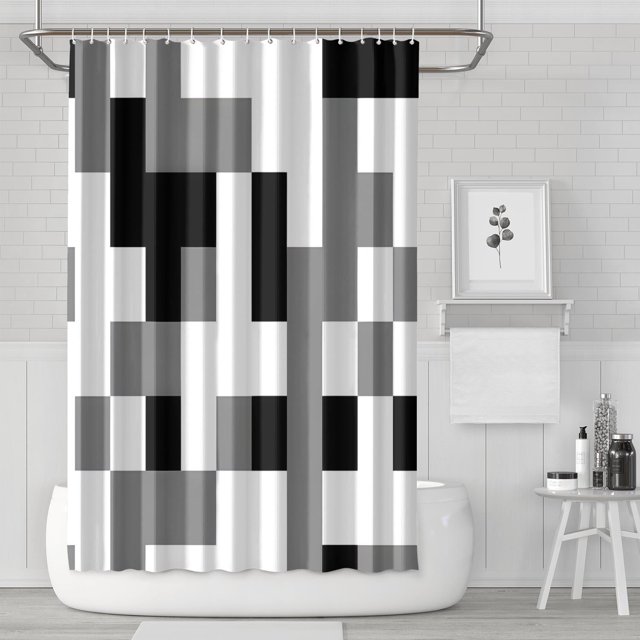 Ensemble de Rideaux de Douche avec Encliquetage, Forme Ronde Carrée Mi-Siècle (4) Rideaux de Douche Imperméables, Doublure de Douche Esthétique Polyester Neutre, 72x72 Pouces
