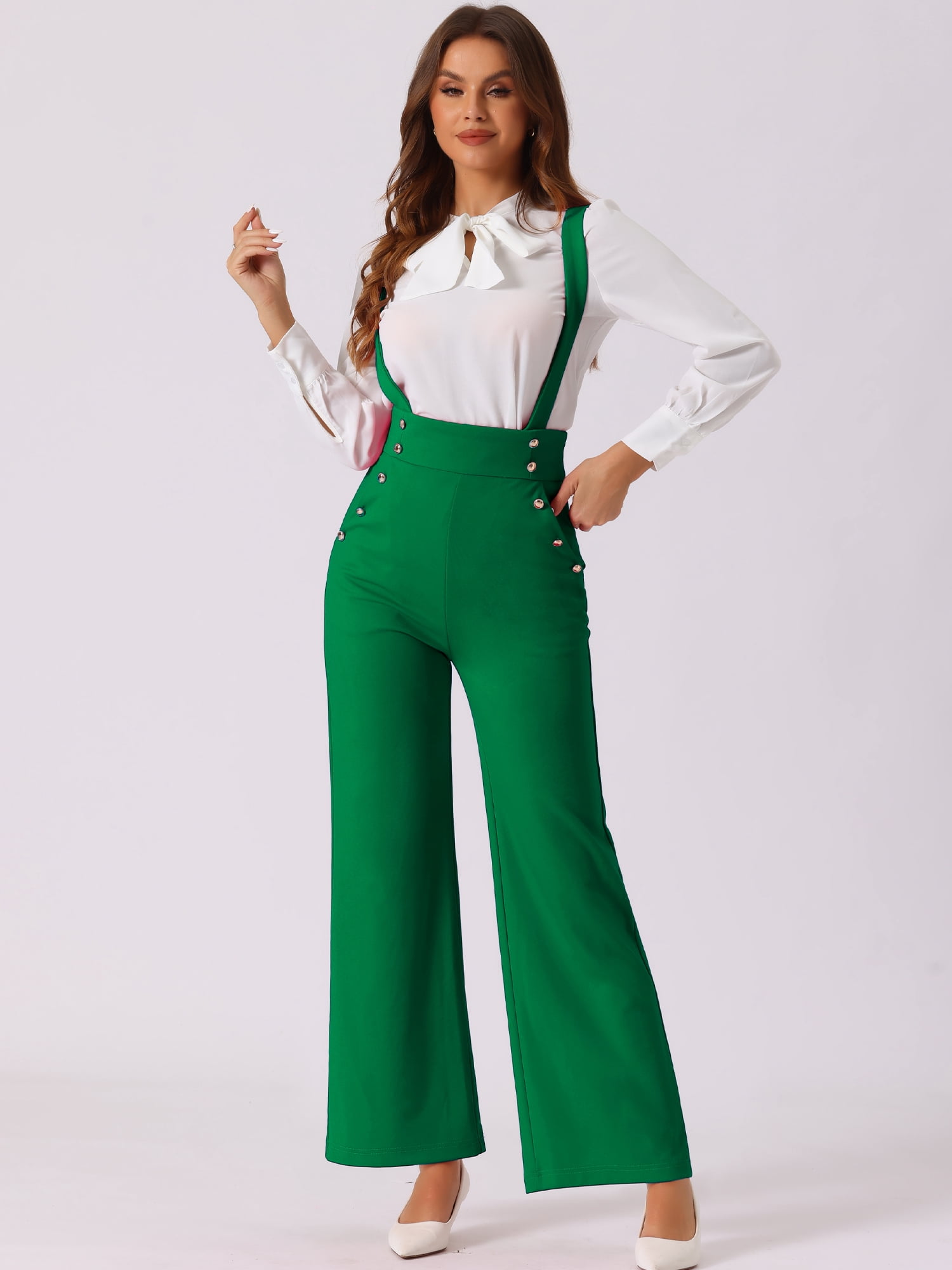 DARING DIVA Women's Casual Office Adjustable Straps Wide Leg Overalls XL Dark Green