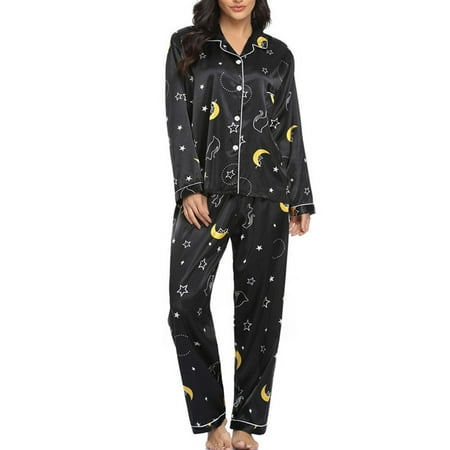 

QWERTYU Womens Satin Nightwear Two-Piece Sleepwear Striped Long Sleeve and Pants Sets Pj Set Lounge Pajamas Set Red M