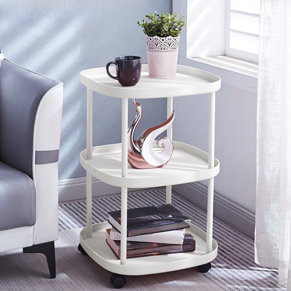 Side Table with Wheels, 3 Tier End Table Living Room Plastic Mobile Sofa Accent Table- Easy Assembly, Small Night Stand Bedside Table for Bedroom, Living Room, Entryway, Farmhouse