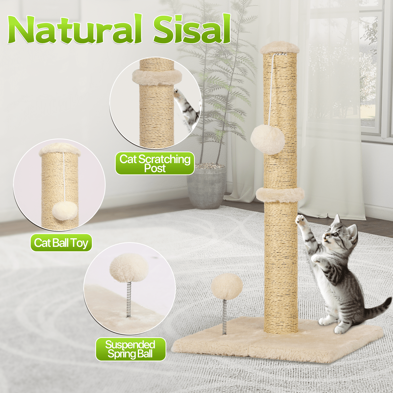 Dkelincs Cat Scratching Post with Sisal & Spring Ball Toy 33" Tall Cat Scratcher for Indoor Cats/Kittens Natural Sisal Scratch Post Trees for Living Room Bedroom, Beige