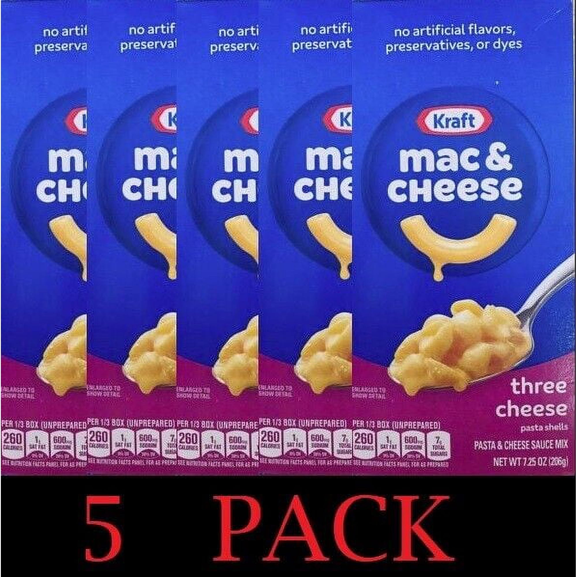 Kraft Original Mac & Cheese THREE CHEESE Pasta Shells Dinner Mix 7.25 Oz 5 PACK