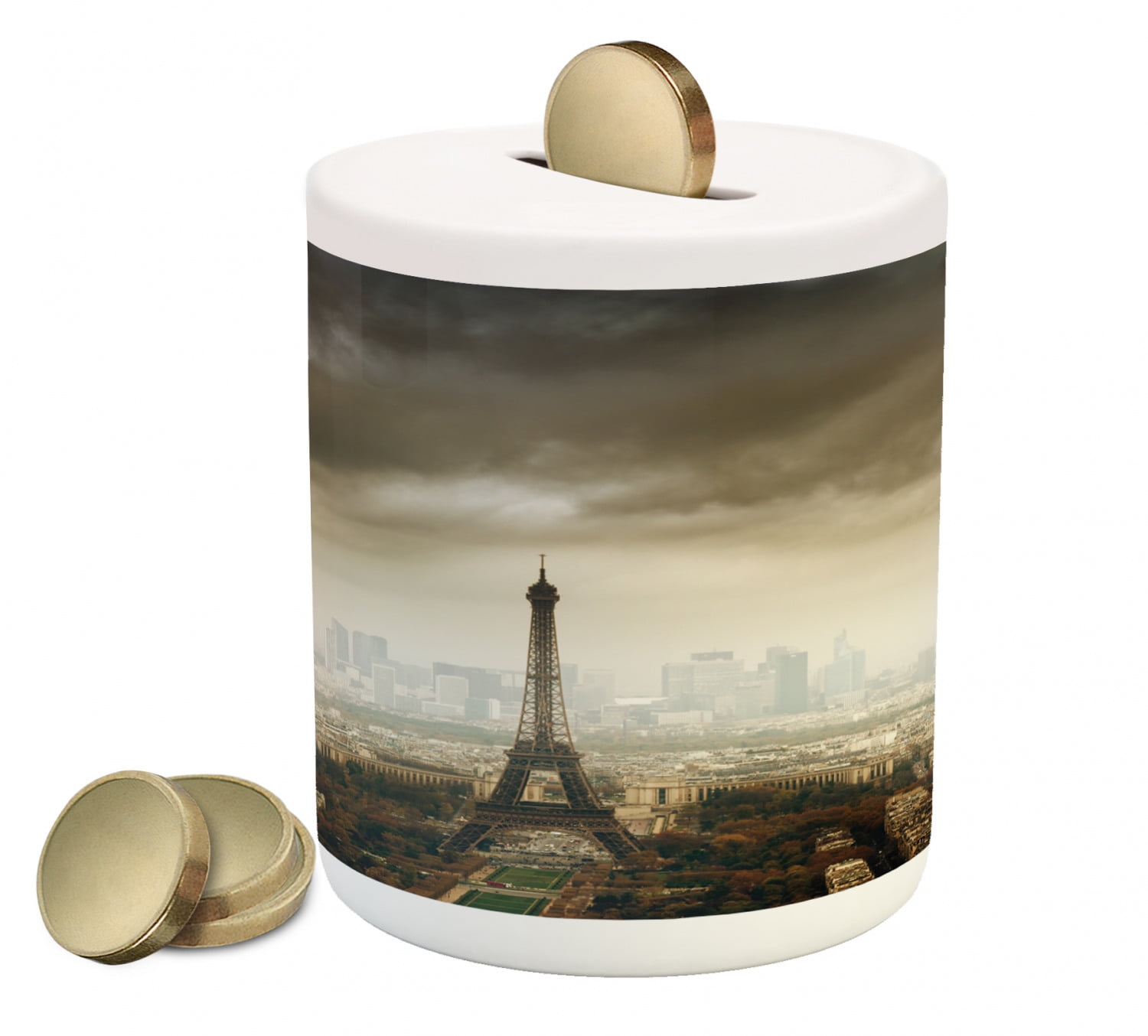 Eiffel Tower Piggy Bank, Paris Skyline Cloudy Cityscape Silhouette