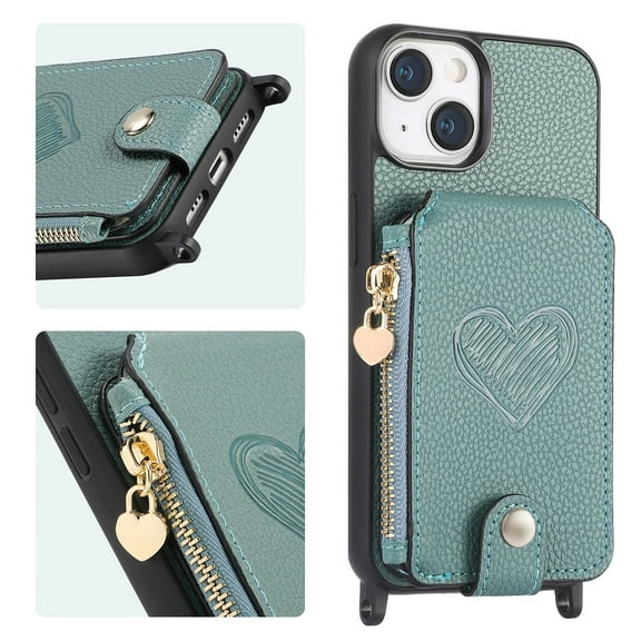 SaniMore Case for iPhone 14 (6.1" 2022), [Crossbody Adjustable Lanyard Zipper Wallet Card Slots] PU Leather Luxury Love Heart Kickstand Magnetic Car Mount Wallet Cover foe Girls Women, Green