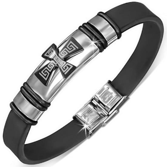 Stainless Steel Black Rubber Silicone Medieval Cross Greek Key Silver-Tone Mens Bracelet