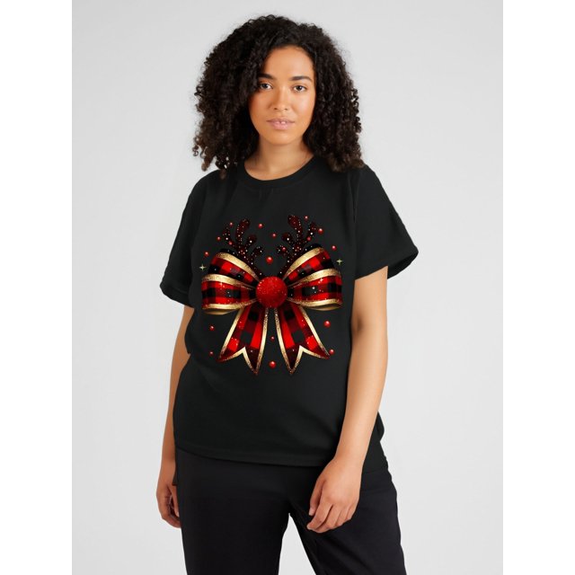 Fashionable 1pc Women'S Casual T-Shirt with Christmas Bow Print - Short Sleeve, Crewneck, Regular Fit, Geometric Pattern, All Seasons Tee For Adult, Men, Women, Teen, Teenager, Adolescent, Youth