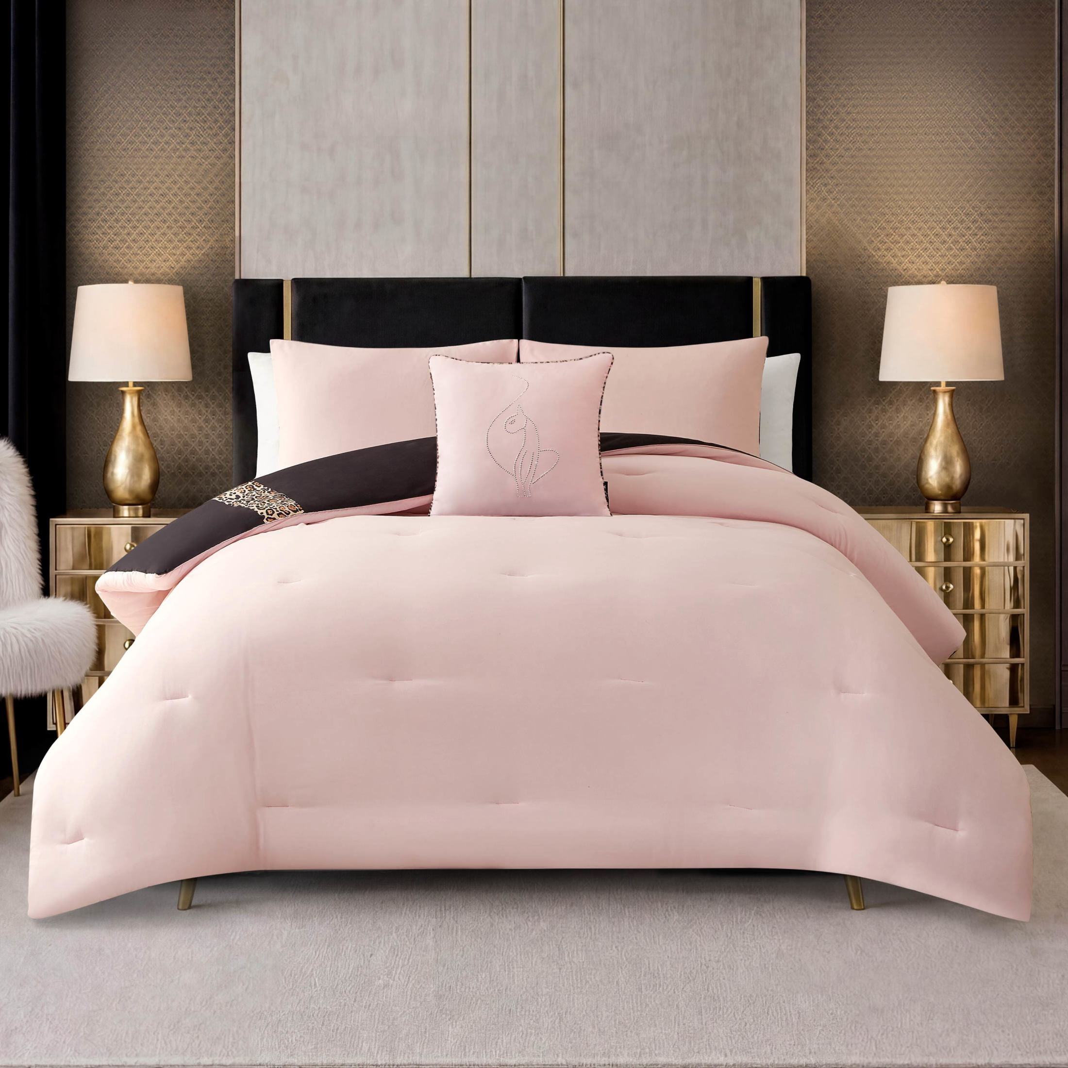 Baby Phat Leopard Hotel Border 4-Piece Comforter Set, Black, King