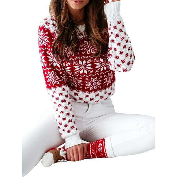 Qiylii Women Red White Ugly Christmas Sweaters Pullovers Snowflake Patterns O-Neck Knitted Long Sleeve Cardigan Winter Clothing
