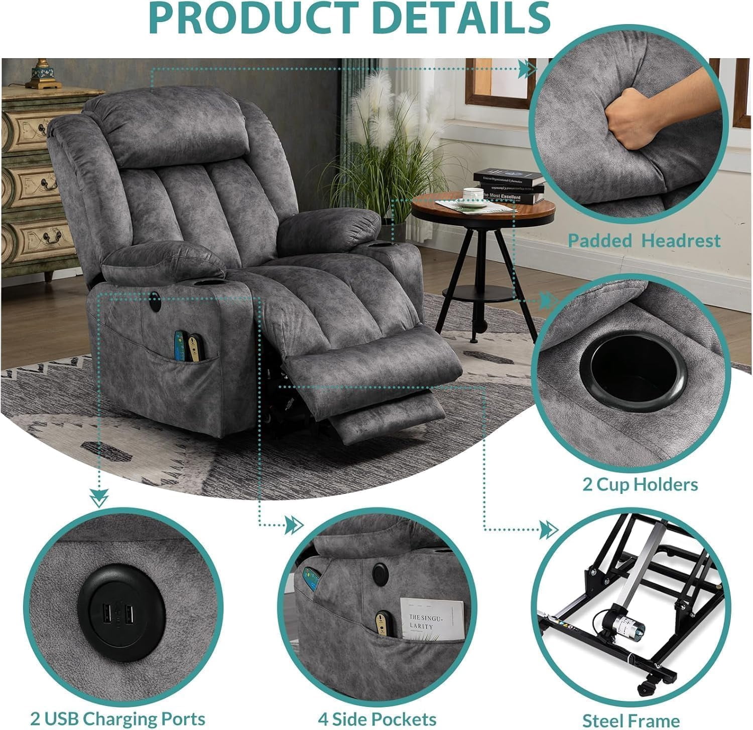 MEETWARM Large Power Lift Electric Recliner Chair with Extended Footrest for Elderly Big Man, Overstuffed Wide Recliner with Massage and Heat, 2 Remote Controls/USB Ports/4 Side Pockets(Grey)