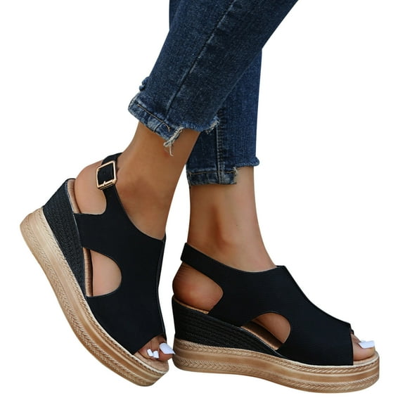 Rokment Womens Platform Wedge Gladiatoor Sandals 2026 Summer Fashion Casual Leather Pep Open Toe Cut-Out Chunky High Heels Slingback Dress Sandals for Woman Black Size 6