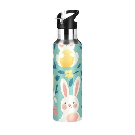 

Cute Rabbits Holding Easter EggsSports Bottle with Straw Stainless Steel Water Jug Portable Thermal Cup Leak-proof 1000ML