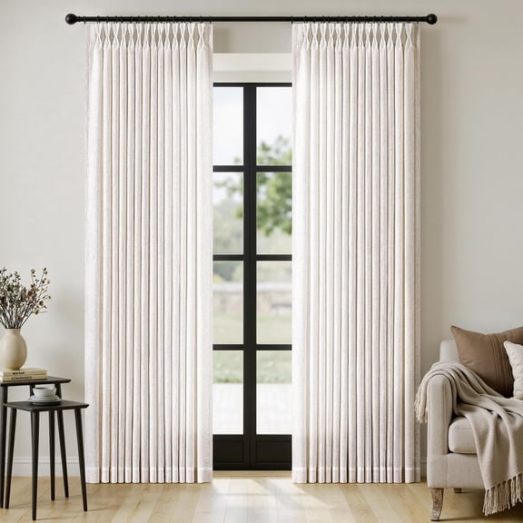 Pinch Pleated Thick Linen Curtains 96 Inches Long 2 Panels for Living Room Bedroom, Memory Trained Pleat Drapes Light Filtering Natural Birch Semi Sheer Window Curtains Hooks Rings Back Tab