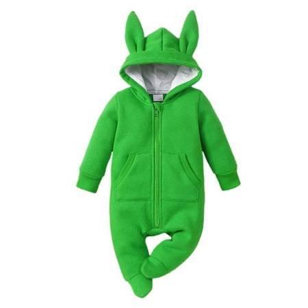 

Toddler Girls Boys Zipper Footie Jumpsuit With Bunny Ears Long Sleeve Hooded Outerwear Infant Cute Winter Warm Romper Coat Green 6-9 Months