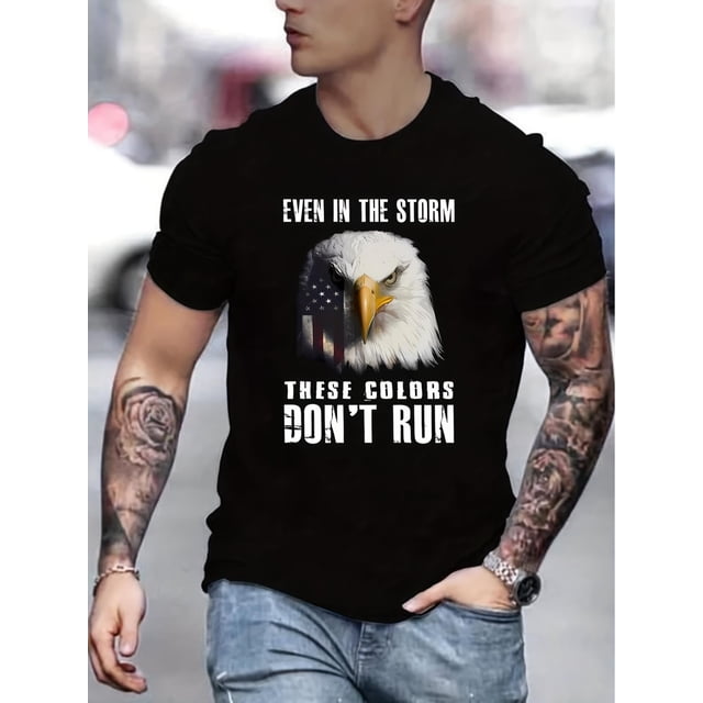Don't Run Eagle Graphic Print Men's Creative Top, Casual Slightly Stretch Short Sleeve Crew Neck T-shirt, Men's Tee For Summer Outdoor