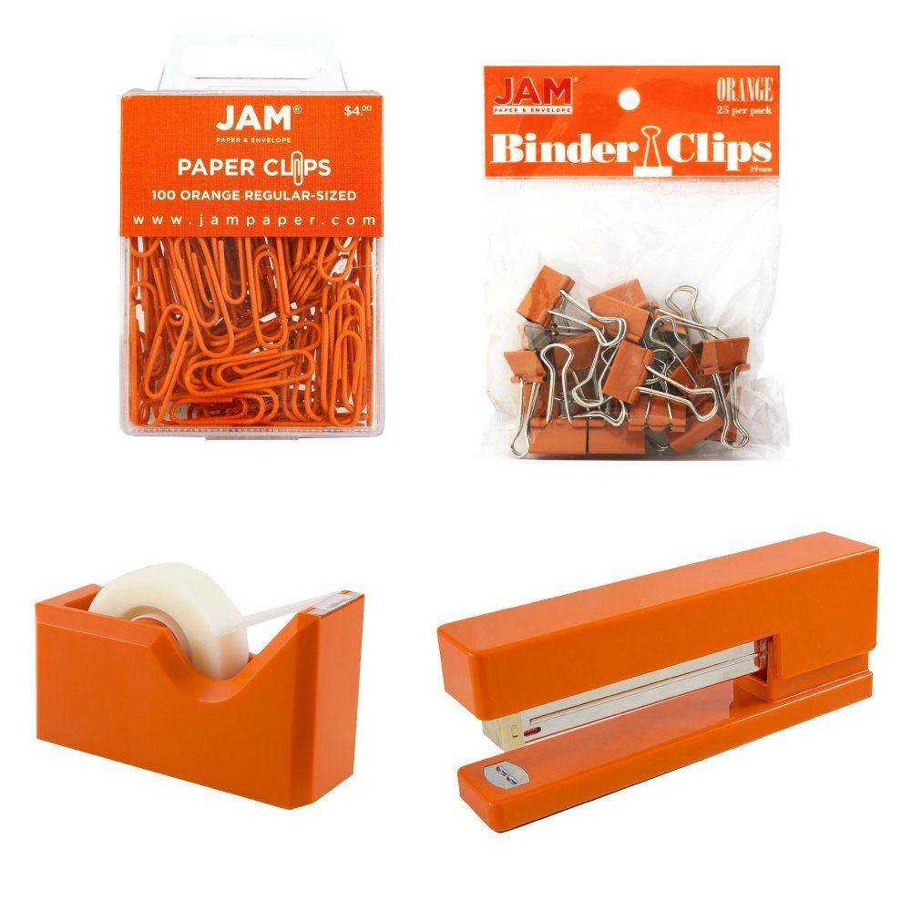 JAM Office Starter Kit, Orange, 4/Pack, Stapler, Tape Dispenser, Paper