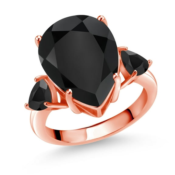 Gem Stone King 8.09 Ct Pear Shape Black Onyx 18K Rose Gold Plated Silver Ring (Size 5)