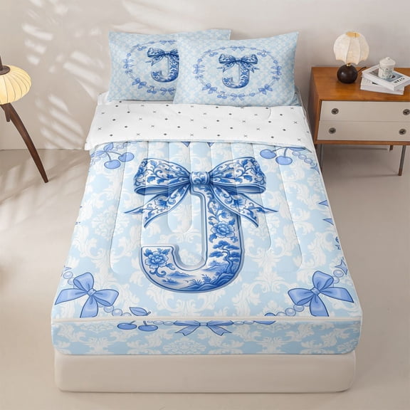 Homewish Girly Bowknot Print Zipper Twin Comforter Sets with Fitted Sheet and 2 Pillowcases,Vintage Blue Monogrammed J Zipper Bedding Set For Kids Women,Reversible,4 Pieces