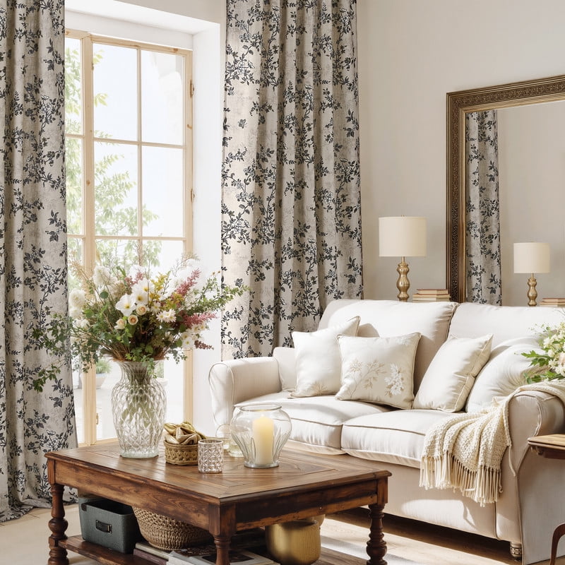 NICETOWN Floral Linen Curtains 84 inch Long, Linen Cotton Floral Pattern Organic Privacy Window Drapes Rod Pocket & Back Tab with Light Filtering for Bedroom Living Room, Pea Green, 52"x84", 2 Panels
