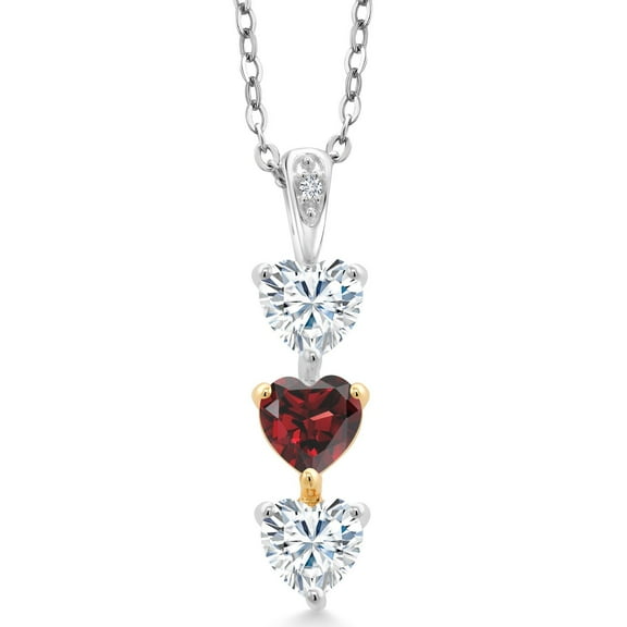 Gem Stone King Keren Hanan Lab Grown Diamond 3 Stone Heart Shape Pendant Necklace with Chain 925 Silver and 10K Yellow Gold Red Garnet Set with Moissanite (1.45 Cttw)