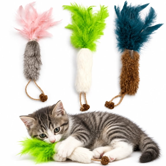 3 Pack Faux Rabbit Fur Carrot Cat Toys with Colorful Feathers, Natural Catnip Filled Interactive Cat Feather Toys, Durable Self Play Chew Toys for Indoor Kittens All Cat Breeds