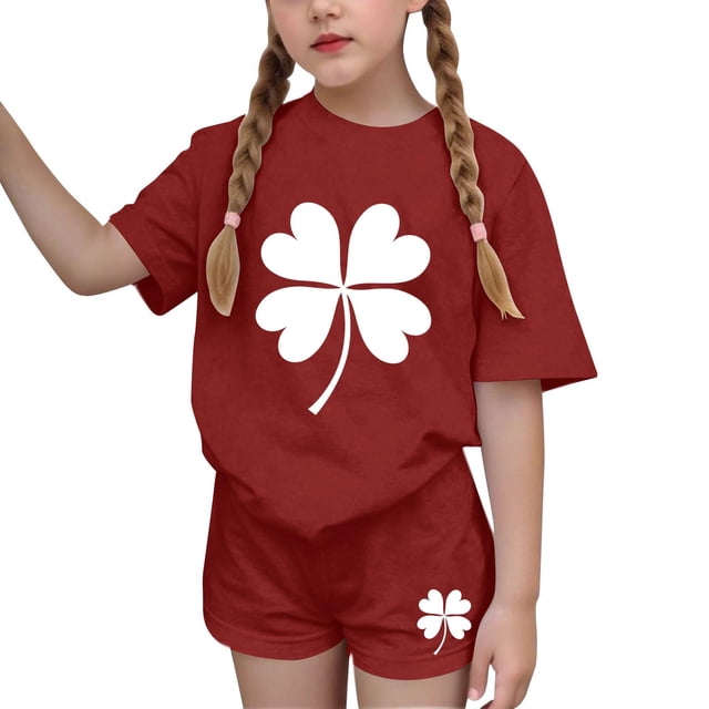 Vestido de manga corta para niños Día de San Patricio impreso conjunto de dos piezas niñas casual cuello redondo blusa y pantalones cortos
