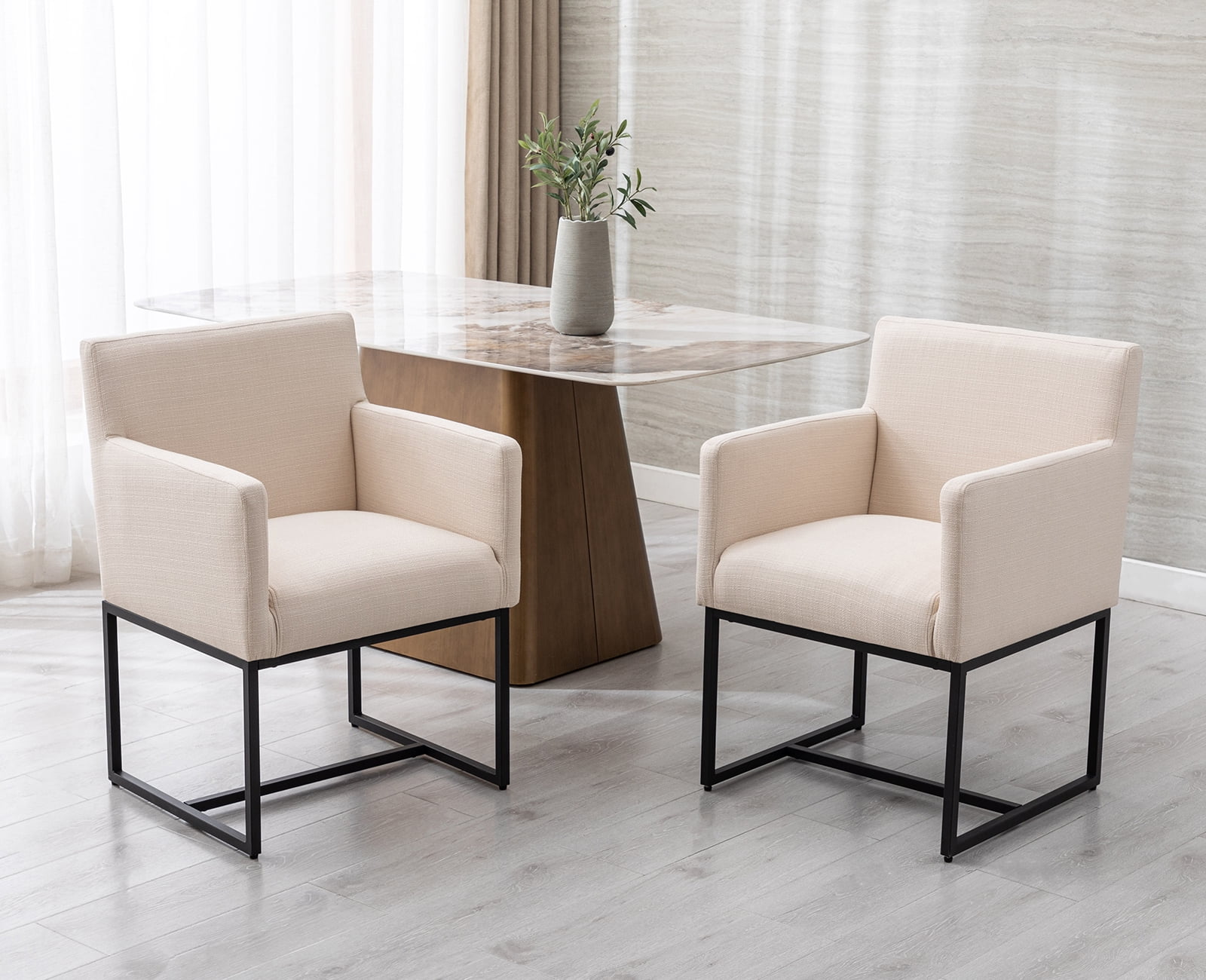 Guyou Modern Linen Upholstered Dining Chairs Set of 2, Kitchen Chairs with Arm and Black Finish Metal Frame, Accent Armchair with back for Living Room Dining Room Bedroom Reception Room, Cream