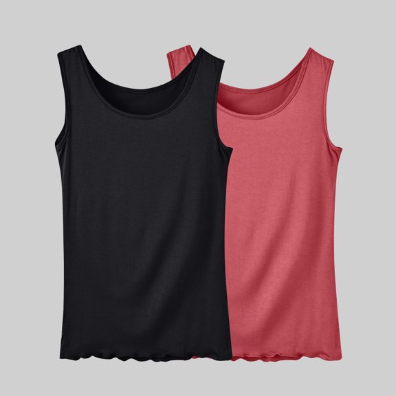 QUINDOS 2 Pack Womens Tank Tops Athletic Summer Womens Camisoles MultiPack Yoga Crew Neck Strap Sleeveless Cami Tops Loose Ruffle Solid Color Undershirts