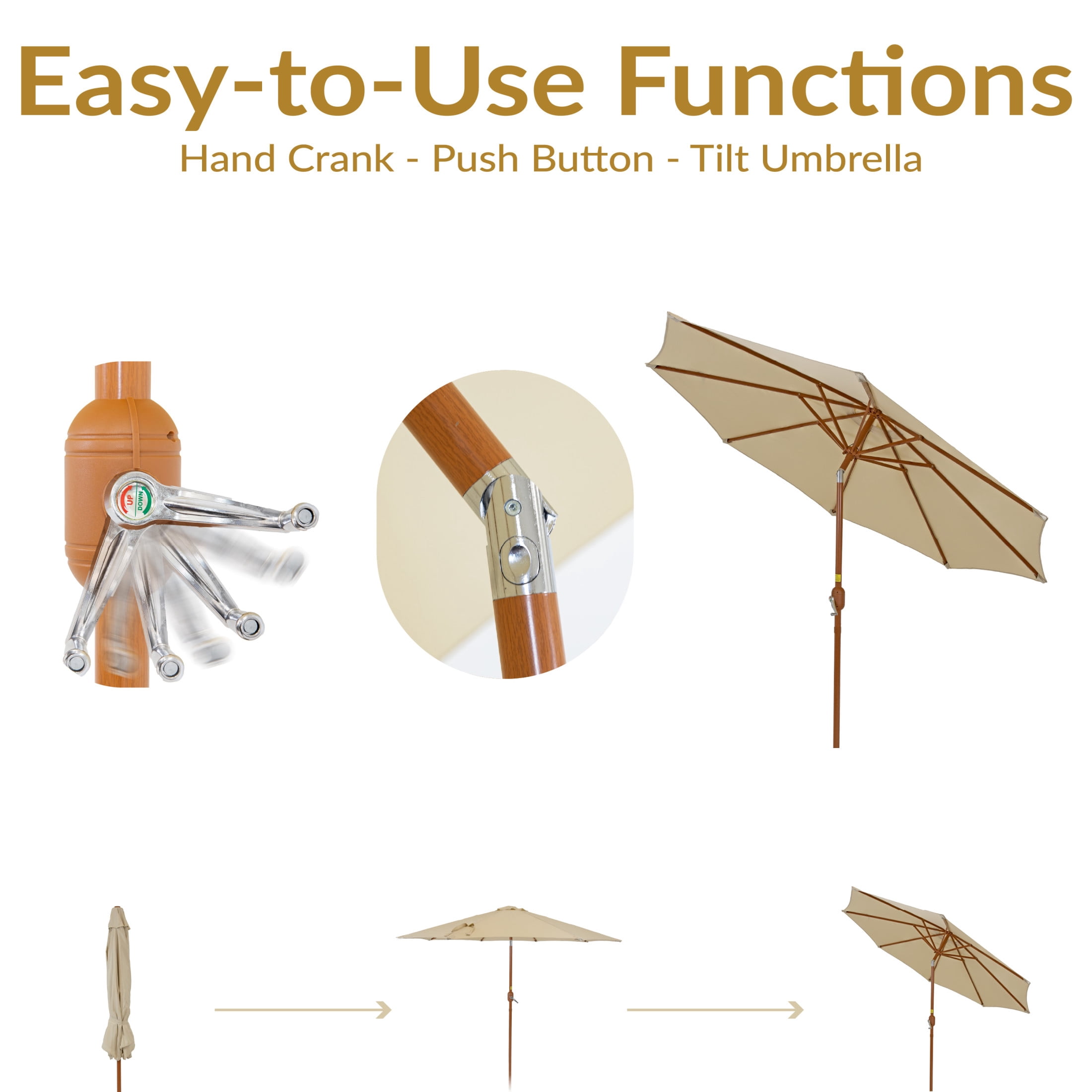 Sunnydaze 8.5 ft Outdoor Patio Umbrella with Push Button Tilt and Crank - Faux Woodgrain Finish - Large Vented Market Umbrella - Beige