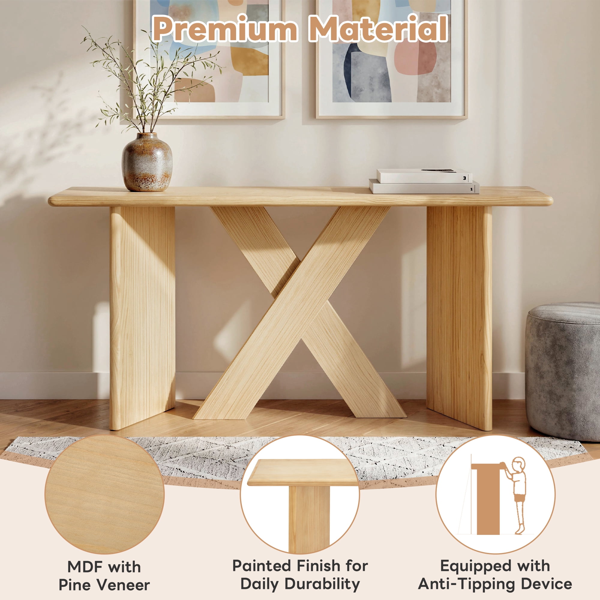 Euroco 60" Long Console Table, Wooden Farmhouse Sofa Table Behind Couch with X‑Shaped Legs,Natural Wood Finish Entryway Table for Living Room