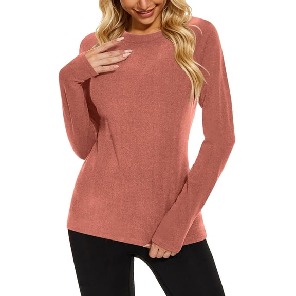 Rohuuque Thermal Shirts for Women Velvet Lined Loose Polluer Solid Color Crew Neck Raglan Sleeve Thermal Base Layer Tops Pink