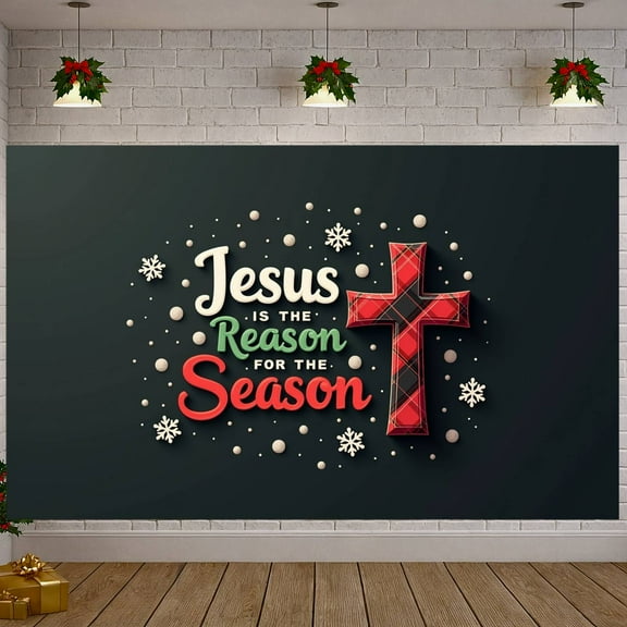 Red Plaid Cross Jesus Banner Snowflake Decor Christian Display 3D Lettering Religious Theme Christmas Backdrop for Christmas Celebration Church Event Christian Gathering