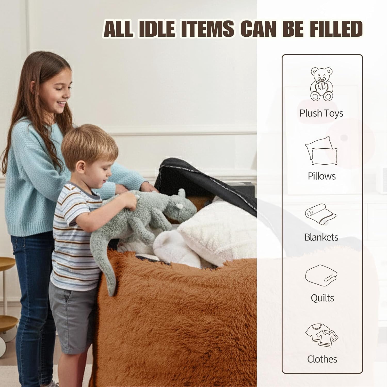 General Bean Bag Cover (No Filler), Stuffed Animal Storage Bean Bag Covers for Kids, Soft Faux Fur Washable Cover with Pocket Handle, Comfy Fluffy Beanbag for Organizing Plush Toys, 27"x21" Brown