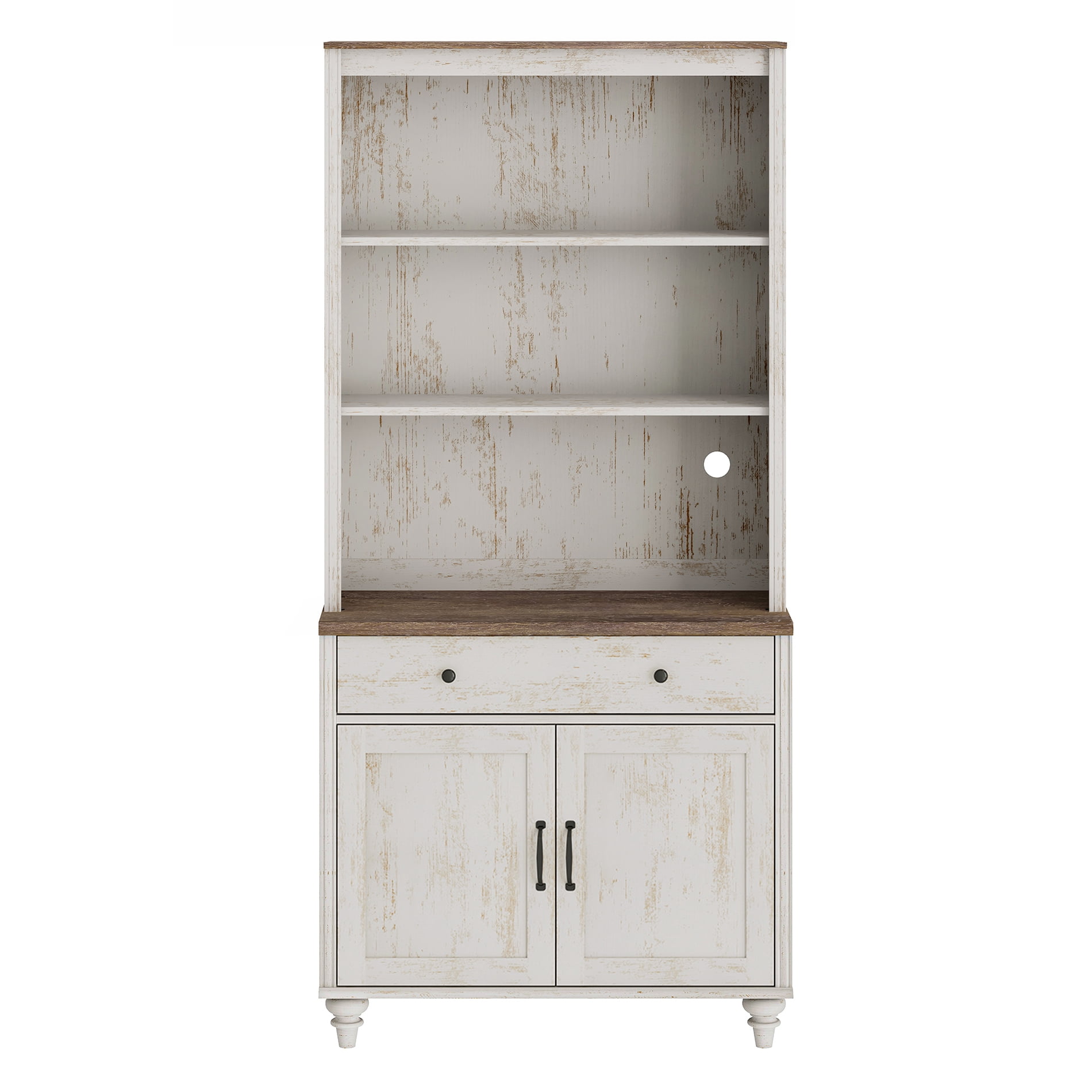 Farmhouse 5 Tier Bookcase With Drawer & Doors, Rustic White, 33.9" W