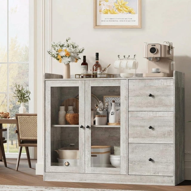 48" Coffee Bar Cabinet, Buffet Cabinet Storage Cabinet with 3 Color Led Lights, Sideboard Modern Kitchen Buffet Table with 3 Drawers & Glass Doors, Coffee Bar for Kitchen, Dining Room Furniture