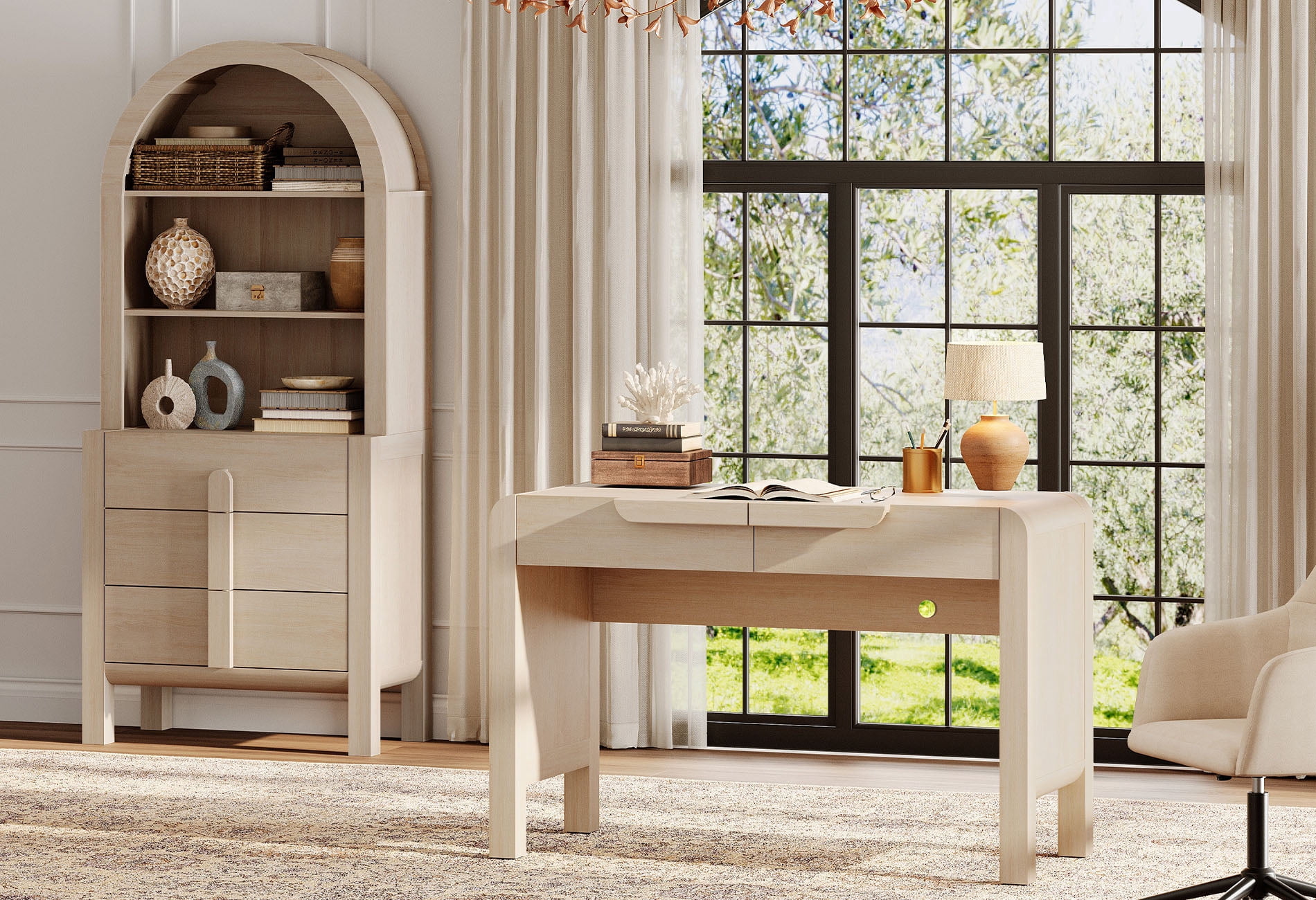 2 Piece Office Set, 47" Modern Executive Desk with Charging Station and Drawers & 71"H Tall 3-Tier Arched Bookcases with Open Storage for Living Room, Bedroom, Home Office