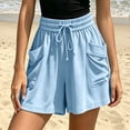 thumbnail image 7 of Women's Loose Fit Cotton Blend Casual Shorts with Pockets, High Waisted Elastic Drawstring Summer Beach Shorts, Lightweight Breathable Fabric, Tummy Control Comfy Lounge | TruHer,Light Blue L, 7 of 7